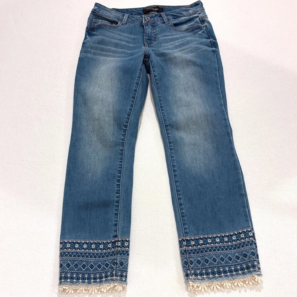 Stitch Star Jeans Blue Embroidered Boho Tassel Hem Straight Leg Size 4